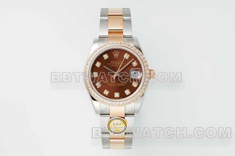 ARF厂劳力士日志超A高仿棕盘钻圈31mm间金三格链节278381正面实拍图