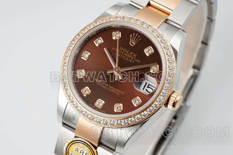 ARF厂劳力士日志超A高仿棕盘钻圈31mm间金三格链节278381正面实拍图