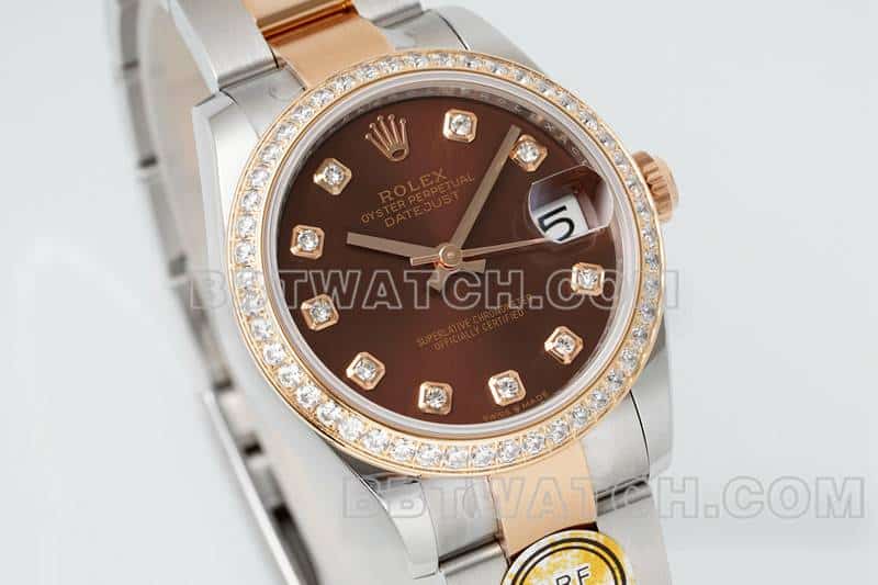 ARF厂劳力士日志超A高仿棕盘钻圈31mm间金三格链节278381正面实拍图