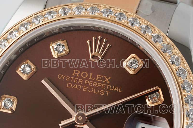 ARF厂劳力士日志超A高仿棕盘钻圈31mm间金三格链节278381正面实拍图