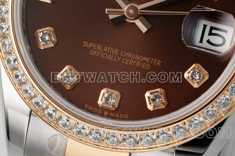 ARF厂劳力士日志超A高仿棕盘钻圈31mm间金三格链节278381正面实拍图