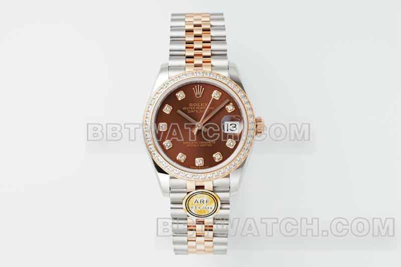 ARF厂劳力士日志一比一顶级复刻棕盘钻圈31mm间金五格链节278381正面实拍图