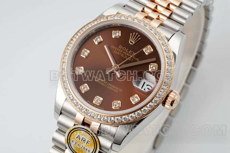 ARF厂劳力士日志一比一顶级复刻棕盘钻圈31mm间金五格链节278381正面实拍图
