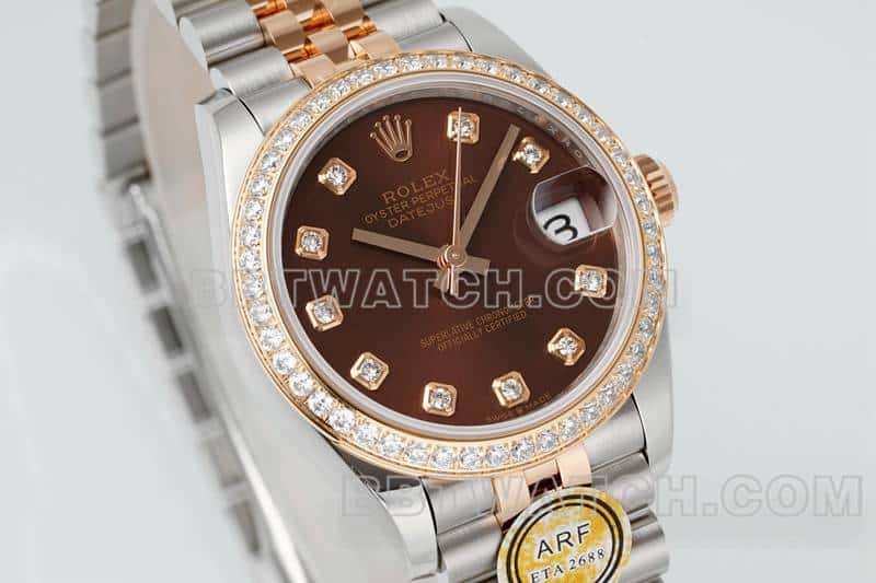 ARF厂劳力士日志一比一顶级复刻棕盘钻圈31mm间金五格链节278381正面实拍图
