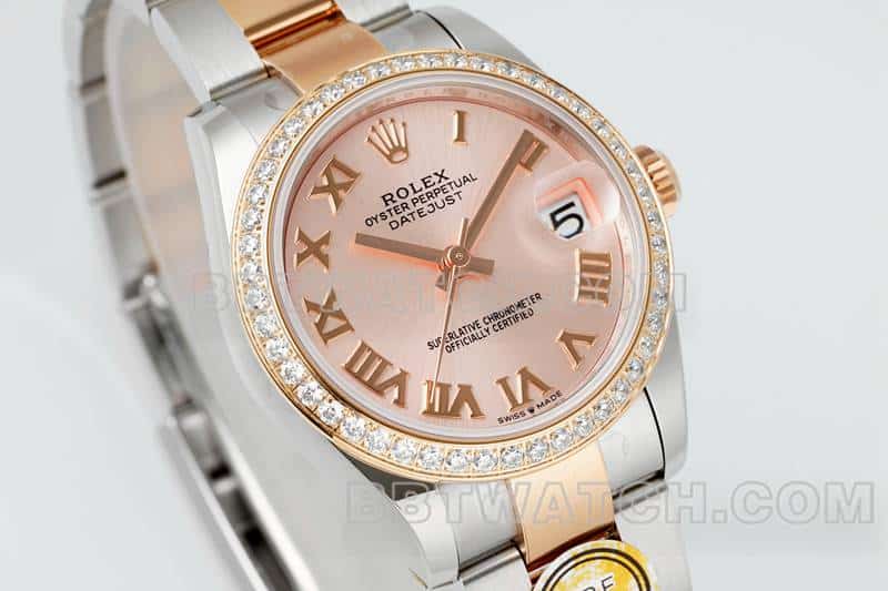 ARF厂劳力士日志顶级一比一精仿玫瑰金盘钻圈31mm间金三格链节278381正面实拍图