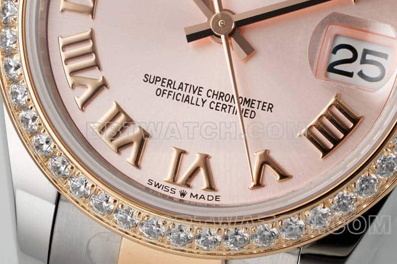 ARF厂劳力士日志顶级一比一精仿玫瑰金盘钻圈31mm间金三格链节278381正面实拍图