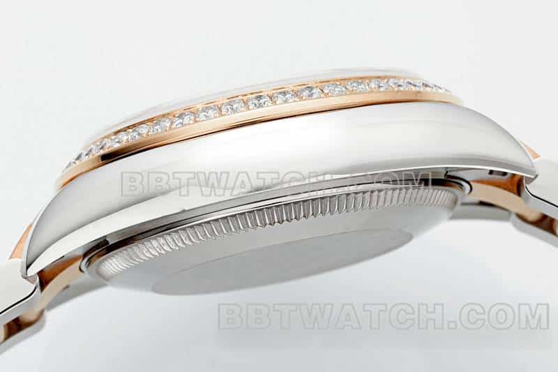 ARF厂劳力士日志顶级一比一精仿玫瑰金盘钻圈31mm间金三格链节278381侧面实拍图
