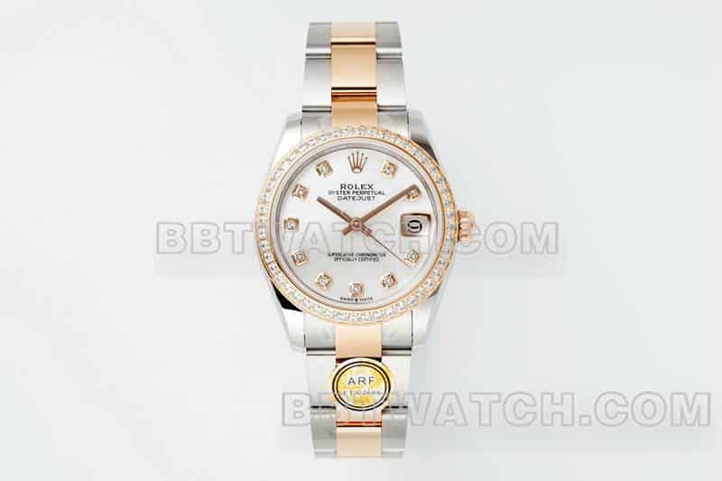 ARF厂劳力士日志顶级一比一高仿贝母盘钻圈31mm间金三格链节278381正面实拍图