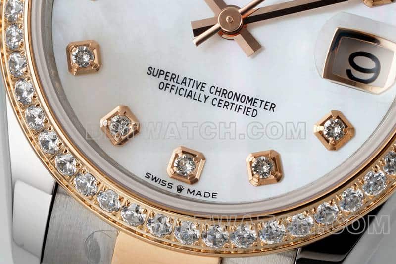 ARF厂劳力士日志顶级一比一高仿贝母盘钻圈31mm间金三格链节278381正面实拍图