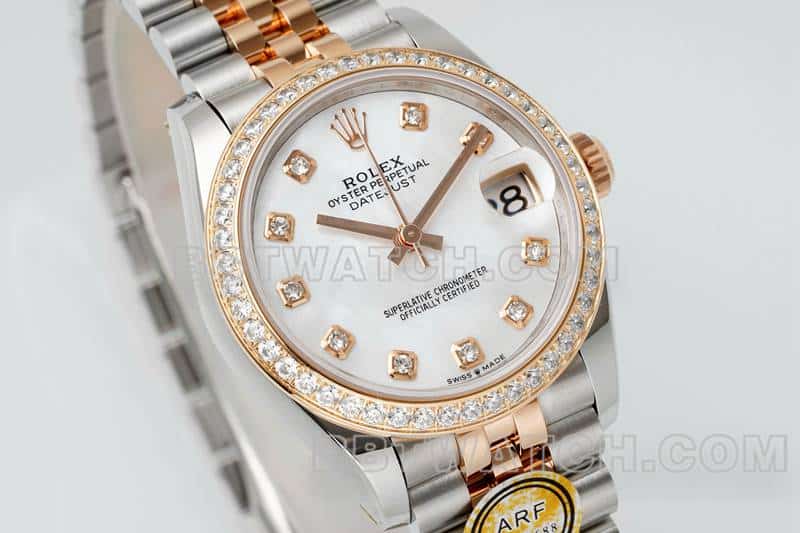 ARF厂劳力士日志一比一超A高仿贝母盘钻圈31mm间金五格链节278381正面实拍图