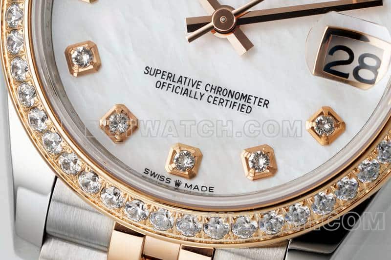 ARF厂劳力士日志一比一超A高仿贝母盘钻圈31mm间金五格链节278381正面实拍图