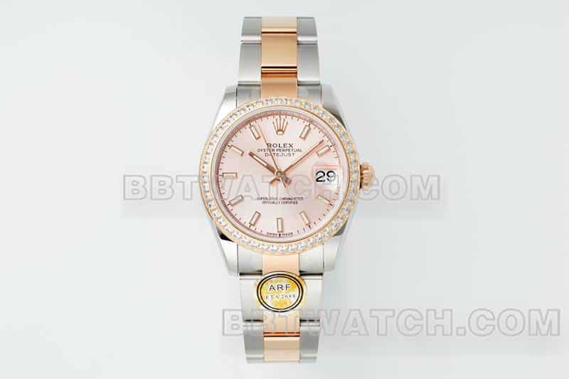 ARF厂劳力士日志一比一超A精仿玫瑰金盘钻圈31mm间金三格链节278381正面实拍图