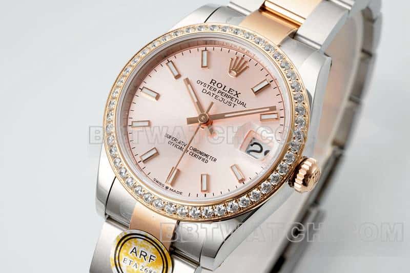 ARF厂劳力士日志一比一超A精仿玫瑰金盘钻圈31mm间金三格链节278381正面实拍图