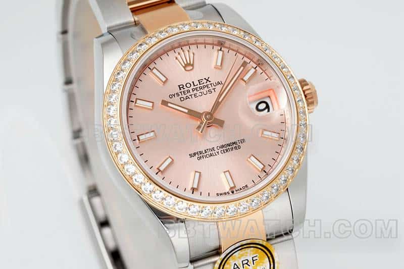 ARF厂劳力士日志一比一超A精仿玫瑰金盘钻圈31mm间金三格链节278381正面实拍图