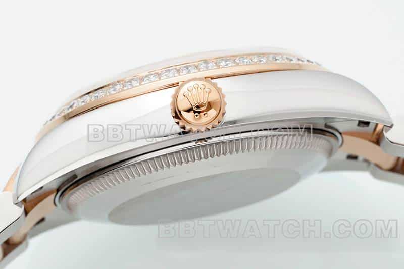 ARF厂劳力士日志一比一超A精仿玫瑰金盘钻圈31mm间金三格链节278381侧面实拍图