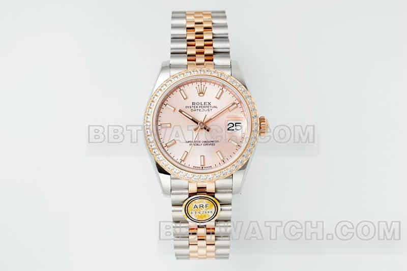 ARF厂劳力士日志超A高仿玫瑰金盘钻圈31mm间金五格链节278381正面实拍图