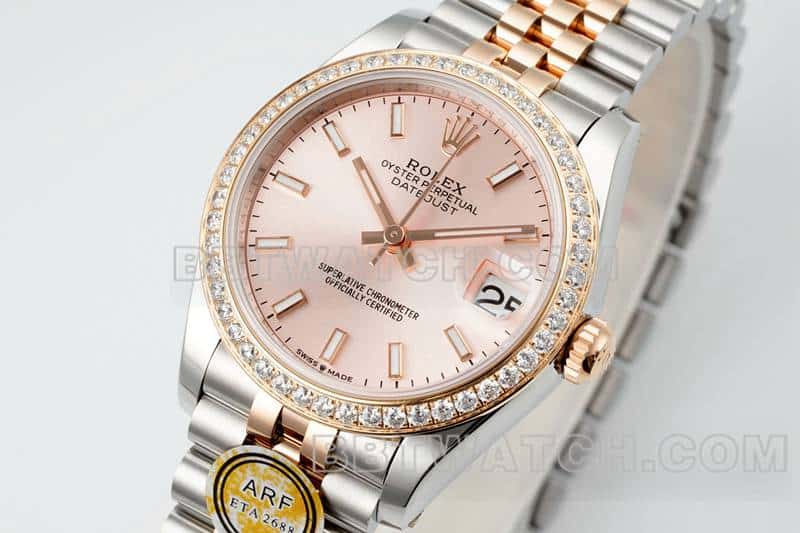 ARF厂劳力士日志超A高仿玫瑰金盘钻圈31mm间金五格链节278381正面实拍图