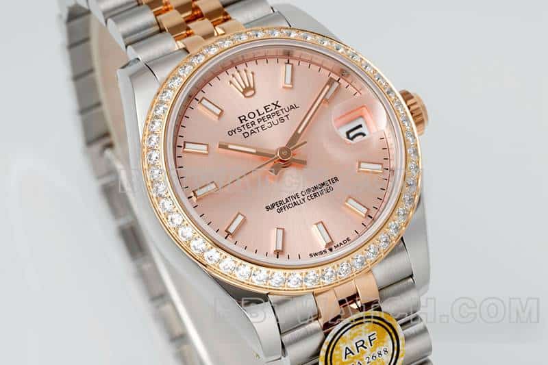 ARF厂劳力士日志超A高仿玫瑰金盘钻圈31mm间金五格链节278381正面实拍图