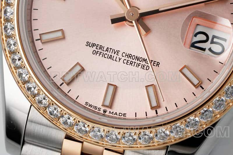 ARF厂劳力士日志超A高仿玫瑰金盘钻圈31mm间金五格链节278381正面实拍图