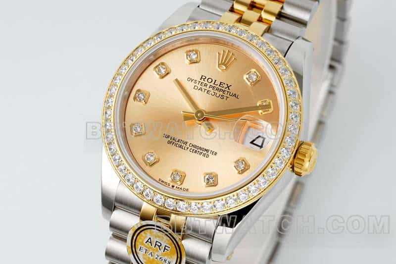 ARF厂劳力士日志一比一超A高仿金盘钻圈31mm间金五格链节278383正面实拍图