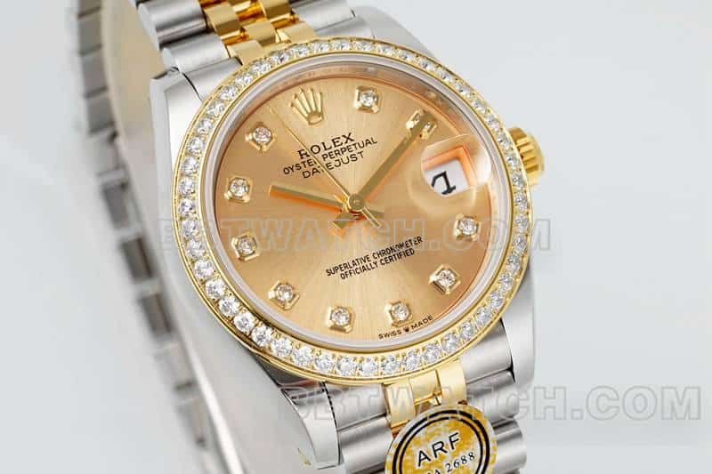 ARF厂劳力士日志一比一超A高仿金盘钻圈31mm间金五格链节278383正面实拍图