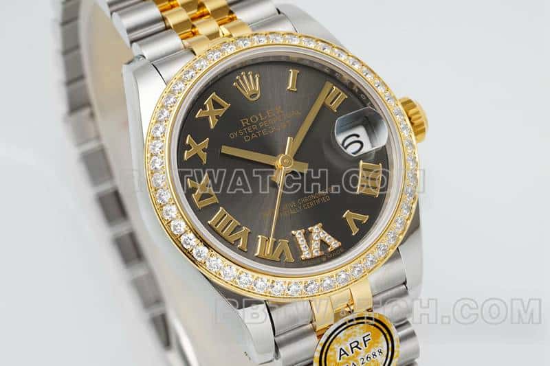 ARF厂劳力士日志顶级一比一精仿深灰盘钻圈31mm间金五格链节278383正面实拍图