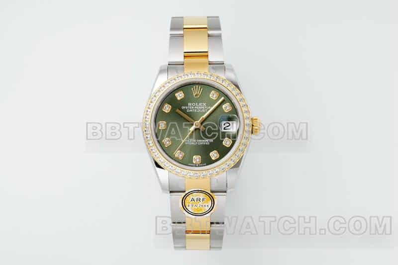 ARF厂劳力士日志顶级一比一高仿绿盘钻圈31mm间金三格链节278383正面实拍图