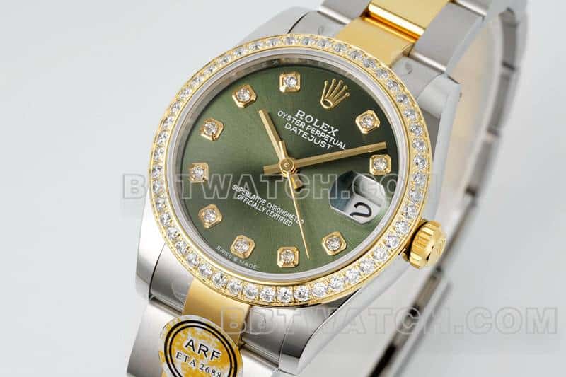 ARF厂劳力士日志顶级一比一高仿绿盘钻圈31mm间金三格链节278383正面实拍图
