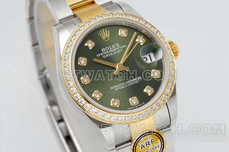 ARF厂劳力士日志顶级一比一高仿绿盘钻圈31mm间金三格链节278383正面实拍图