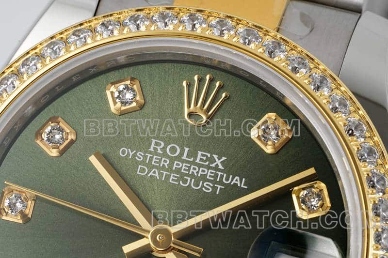 ARF厂劳力士日志顶级一比一高仿绿盘钻圈31mm间金三格链节278383正面实拍图