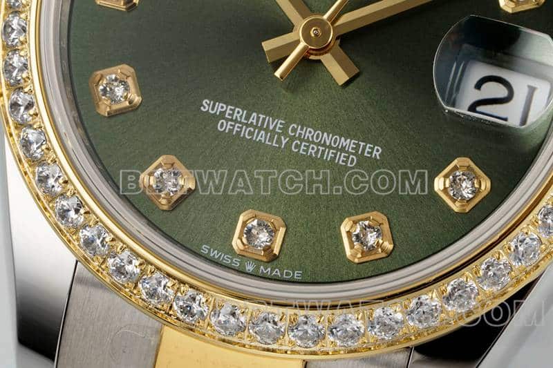 ARF厂劳力士日志顶级一比一高仿绿盘钻圈31mm间金三格链节278383正面实拍图