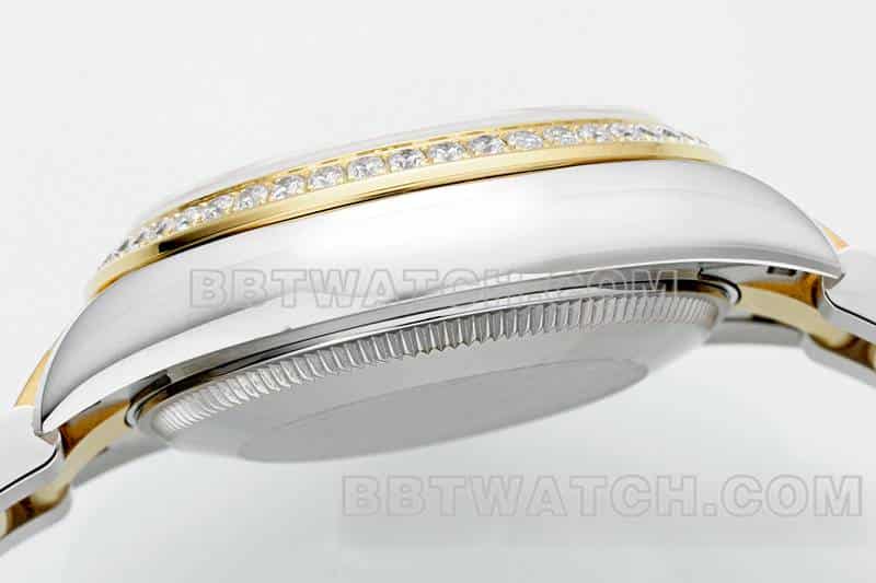 ARF厂劳力士日志顶级一比一高仿绿盘钻圈31mm间金三格链节278383侧面实拍图