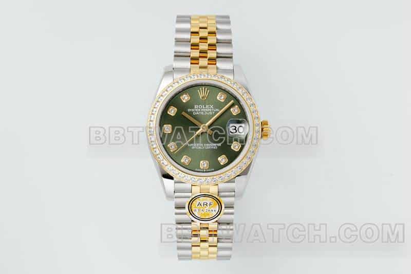 ARF厂劳力士日志顶级复刻绿盘钻圈31mm间金五格链节278383正面实拍图