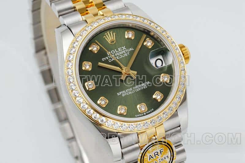 ARF厂劳力士日志顶级复刻绿盘钻圈31mm间金五格链节278383正面实拍图