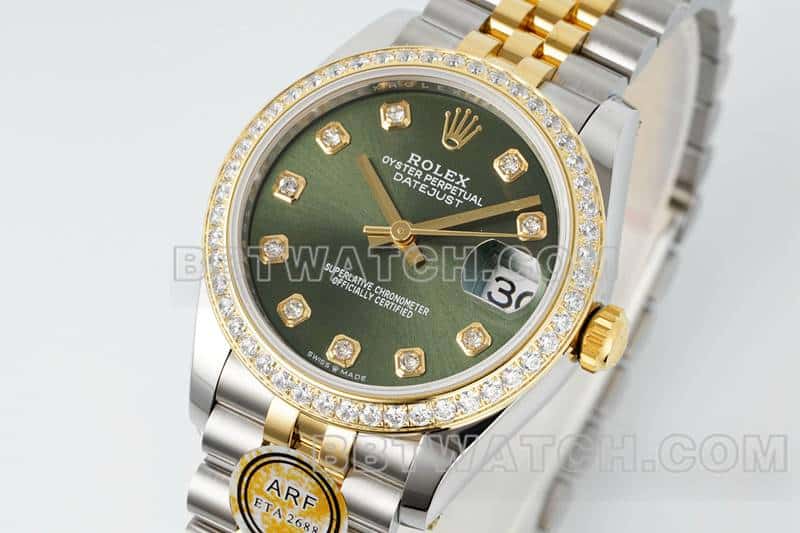 ARF厂劳力士日志顶级复刻绿盘钻圈31mm间金五格链节278383正面实拍图