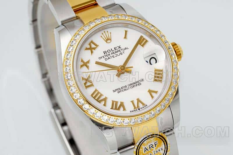 ARF厂劳力士日志一比一超A高仿白盘钻圈31mm间金三格链节278383正面实拍图