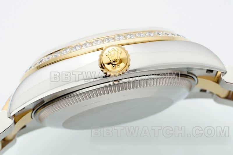 ARF厂劳力士日志一比一超A高仿白盘钻圈31mm间金三格链节278273侧面实拍图