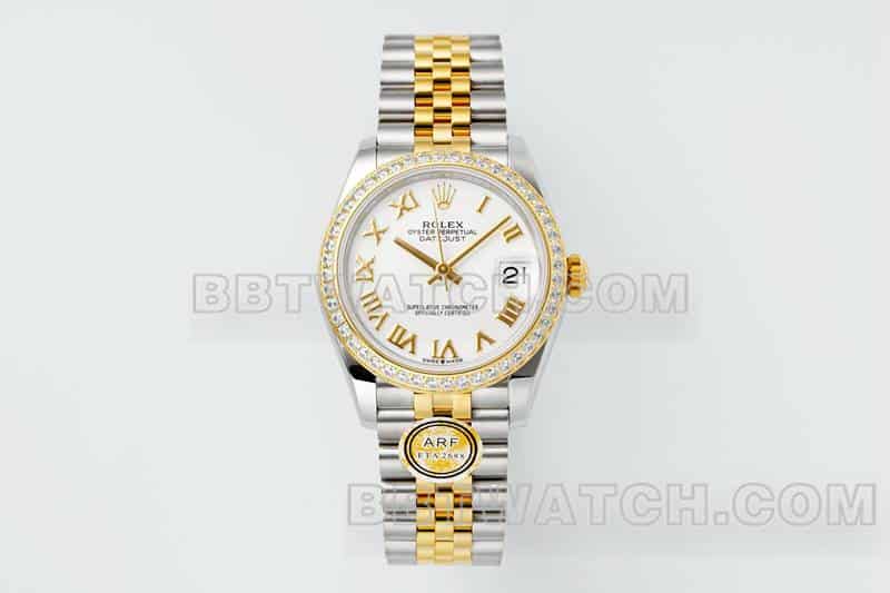 ARF厂劳力士日志一比一超A精仿白盘钻圈31mm间金五格链节278383正面实拍图