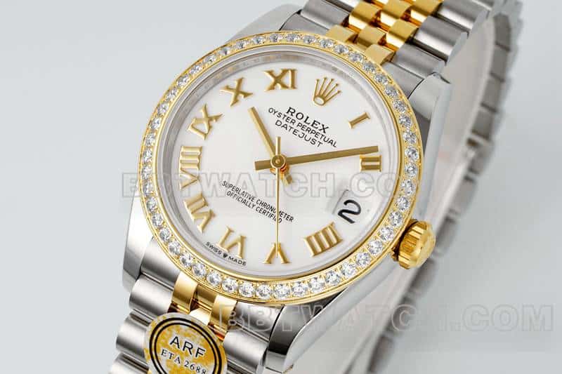 ARF厂劳力士日志一比一超A精仿白盘钻圈31mm间金五格链节278383正面实拍图