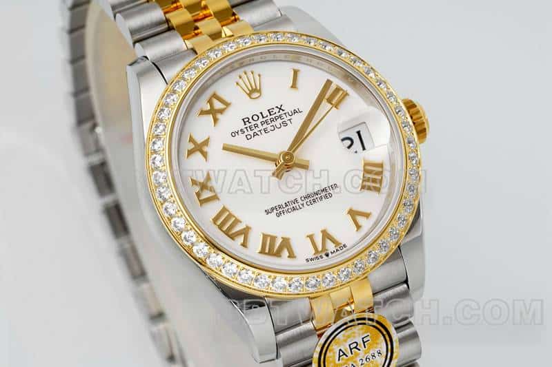 ARF厂劳力士日志一比一超A精仿白盘钻圈31mm间金五格链节278383正面实拍图