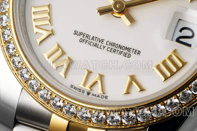 ARF厂劳力士日志一比一超A精仿白盘钻圈31mm间金五格链节278383正面实拍图