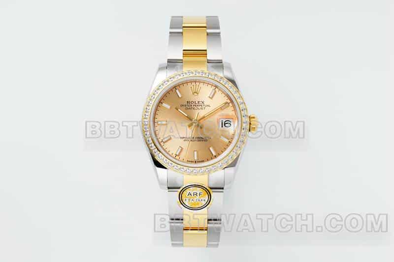 ARF厂劳力士日志超A高仿金盘钻圈31mm间金三格链节278383正面实拍图