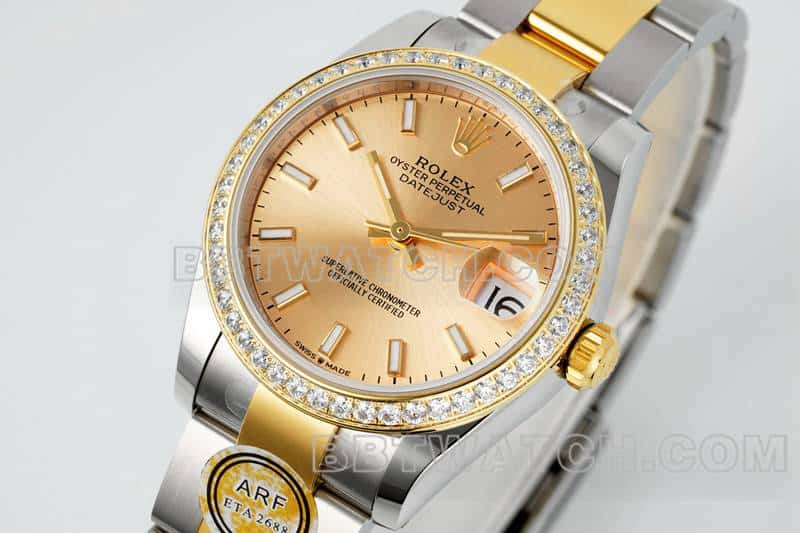 ARF厂劳力士日志超A高仿金盘钻圈31mm间金三格链节278383正面实拍图