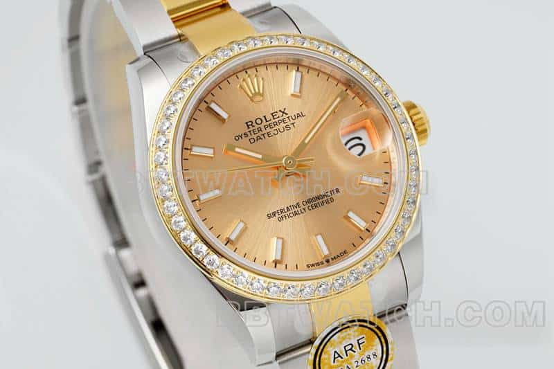 ARF厂劳力士日志超A高仿金盘钻圈31mm间金三格链节278383正面实拍图