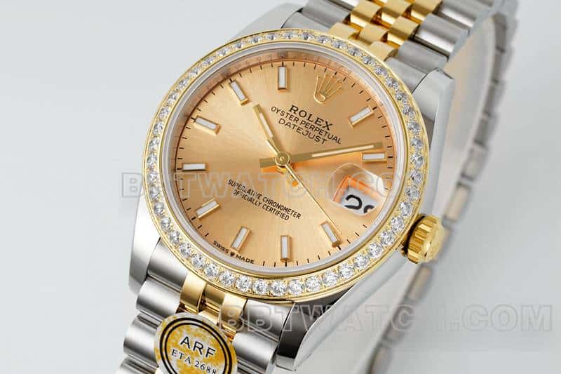 ARF厂劳力士日志一比一顶级复刻金盘钻圈31mm间金五格链节278383正面实拍图