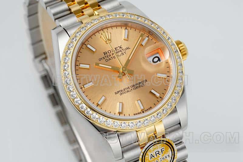 ARF厂劳力士日志一比一顶级复刻金盘钻圈31mm间金五格链节278383正面实拍图