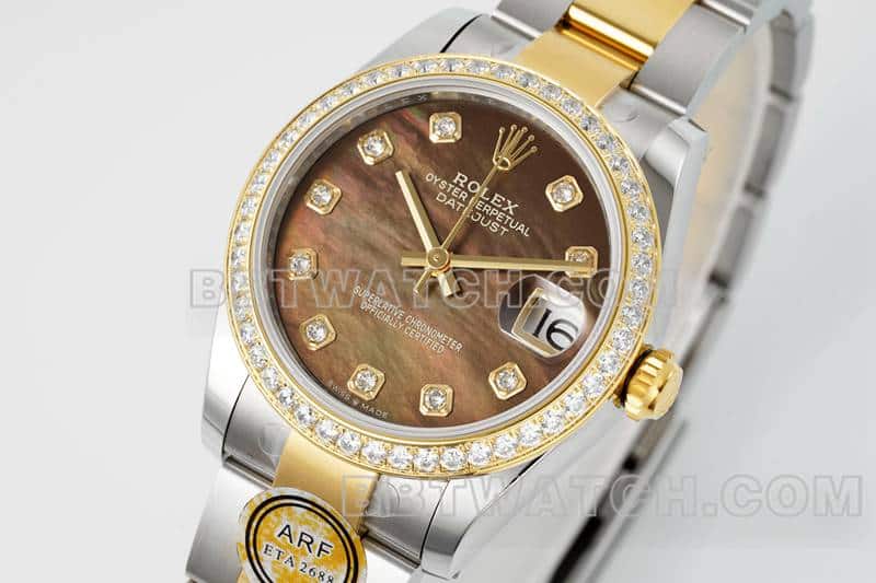 ARF厂劳力士日志顶级一比一精仿黑色贝母盘钻圈31mm间金三格链节278383正面实拍图