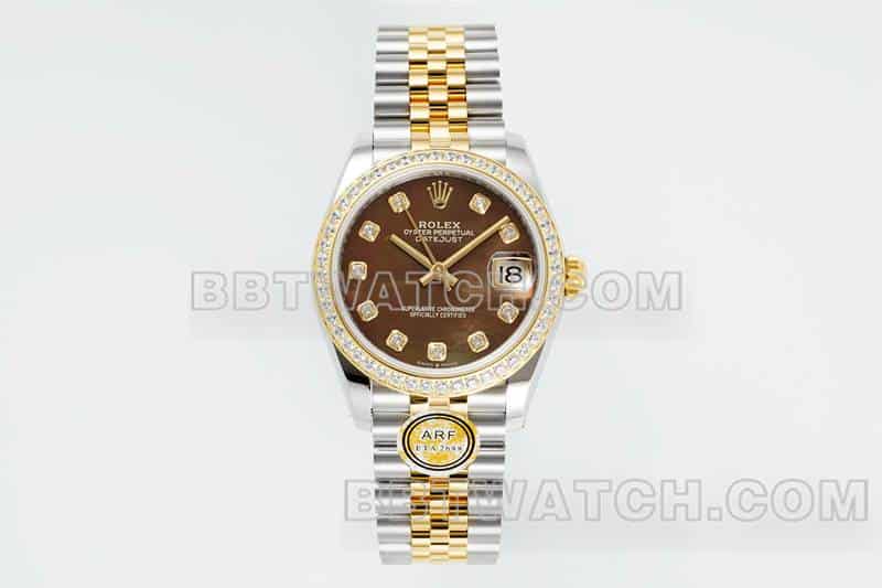 ARF厂劳力士日志顶级一比一高仿黑色贝母盘钻圈31mm间金五格链节278383正面实拍图