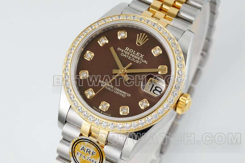 ARF厂劳力士日志顶级一比一高仿黑色贝母盘钻圈31mm间金五格链节278383正面实拍图