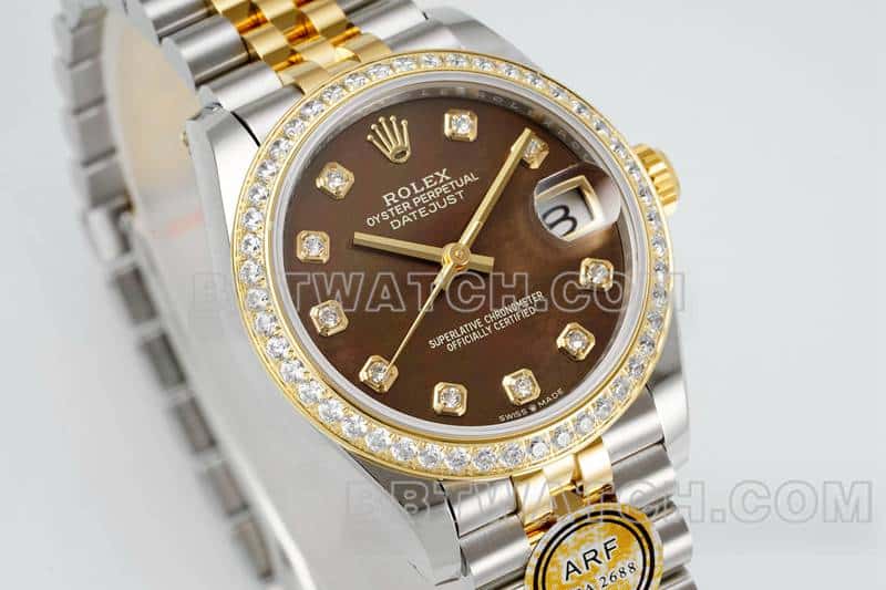 ARF厂劳力士日志顶级一比一高仿黑色贝母盘钻圈31mm间金五格链节278383正面实拍图